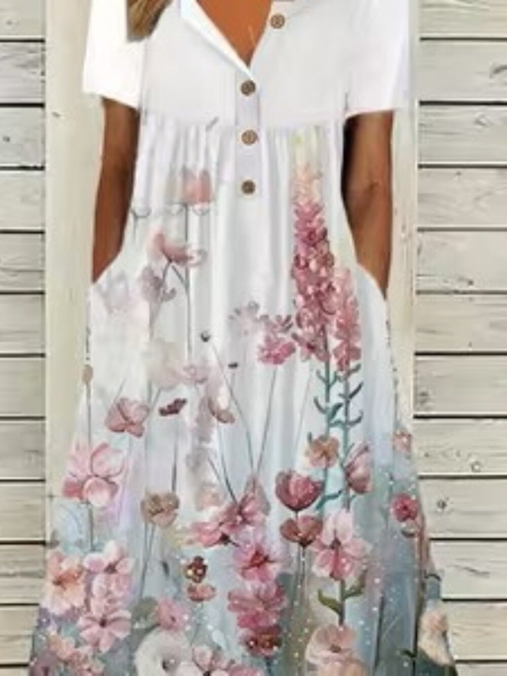 Floral White w Pink Print Henley button-up top Short Sleeve Round Neck dress 14